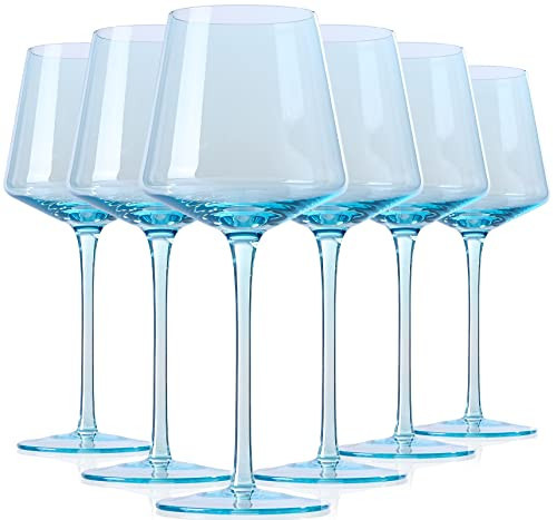 Light Blue Wine Glasses Set 6-16oz Modern Blue Wine Glasses With Tall Long Stem and Flat Bottom,Unique Blue Wine Stemware for Birthday Wedding Bridal Shower | Amazon (US)