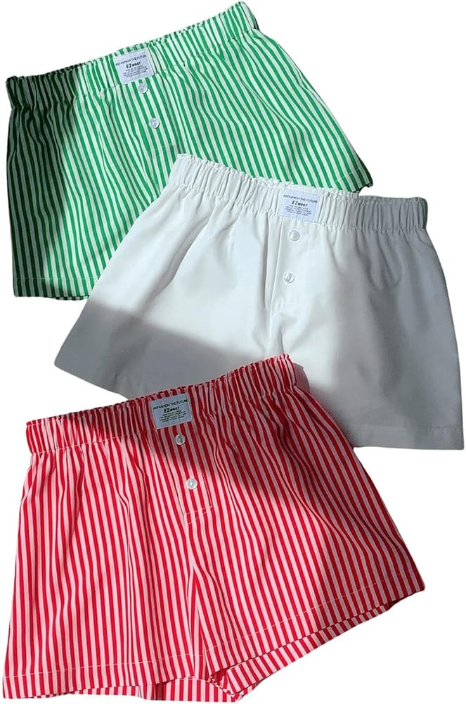GORGLITTER Women's 3 Pieces Gingham Boxer Shorts Elastic Waist Striped Pajama Bottoms Sleepwear | Amazon (US)