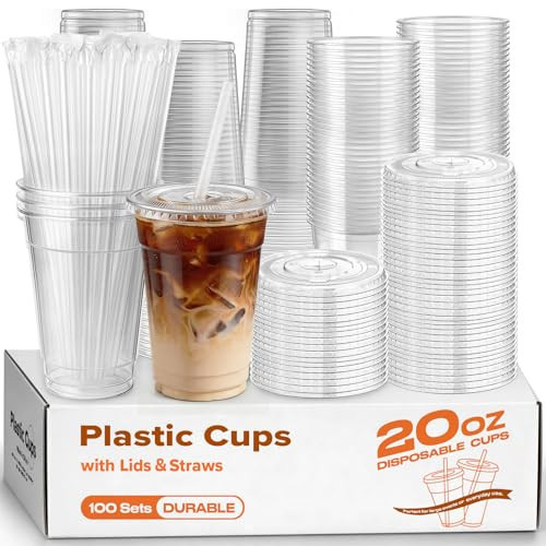PODJULFA 100 Pack 20oz Plastic Cups with Lids and Straws, Clear Disposable Plastic Cups, Heavy Duty Iced Coffee Cups with Leak-Resistant Lids, Cold Drink Cups for Smoothies, Juice, Soda & Party To Go | Amazon (US)