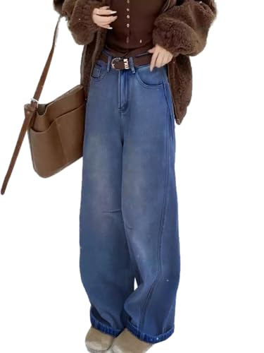 EMMIOL Fleece Lined Jeans Women Baggy, Wide Leg Denim Pants Winter Warm Loose Fit Flannel Lining Y2K Boyfriend Womens,Blue S | Amazon (US)
