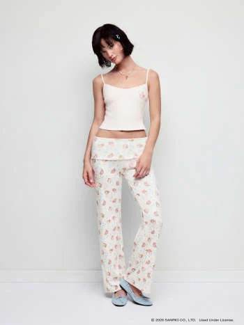 Jersey Meant To Be Pointelle Graphic Cami & Fold-Over Pants Lounge Set For Daily Casual Home Bedroom | Cider