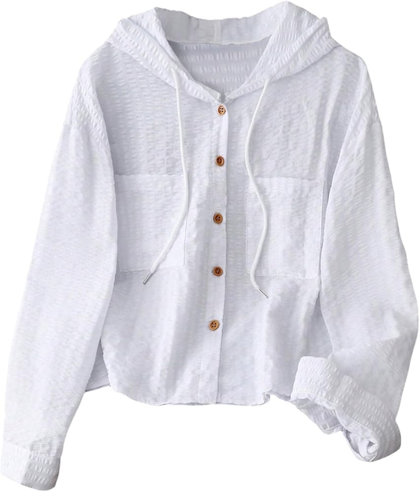 SOLY HUX Women's Striped Button Down Shirt Hooded Drawstring Long Sleeve Casual Blouse Tops | Amazon (US)