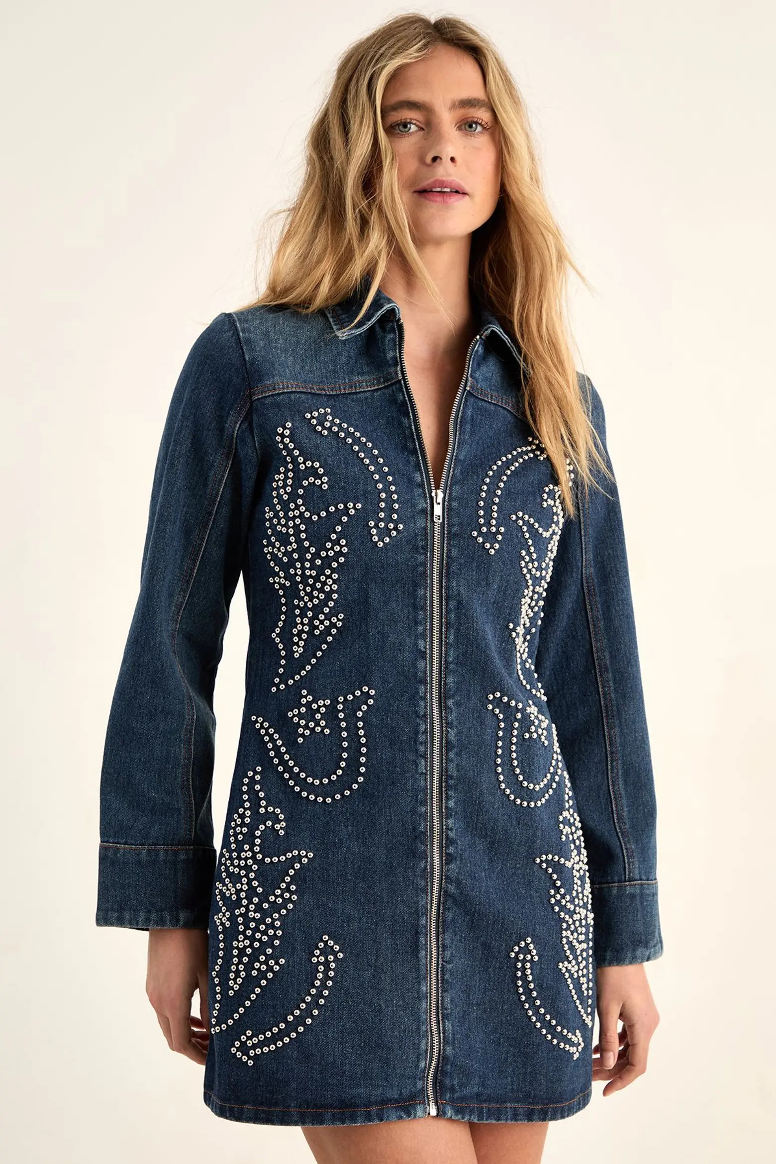 Studded Zip Front Denim Mini Dress (Women) | Nordstrom | Nordstrom