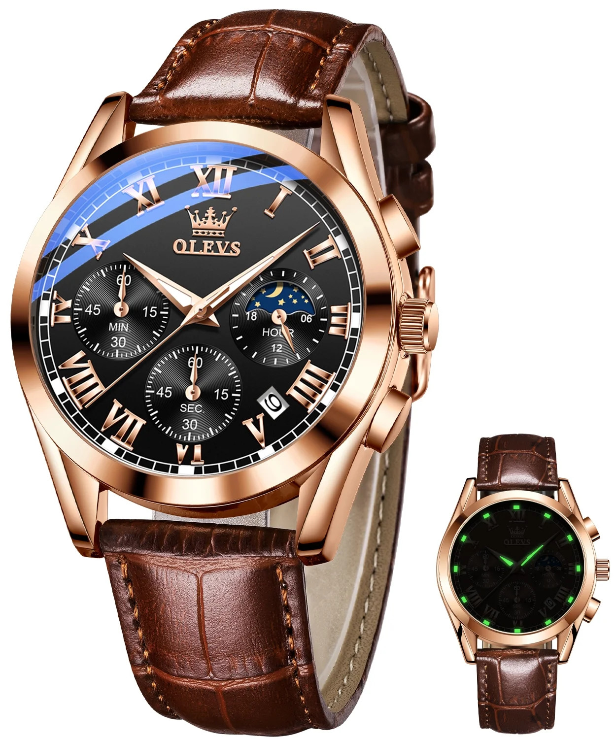 OLEVS Mens Watches Luxury Chronograph Moon Phase Waterproof Luminous Brown Leather Strap Date Ros... | Walmart (US)