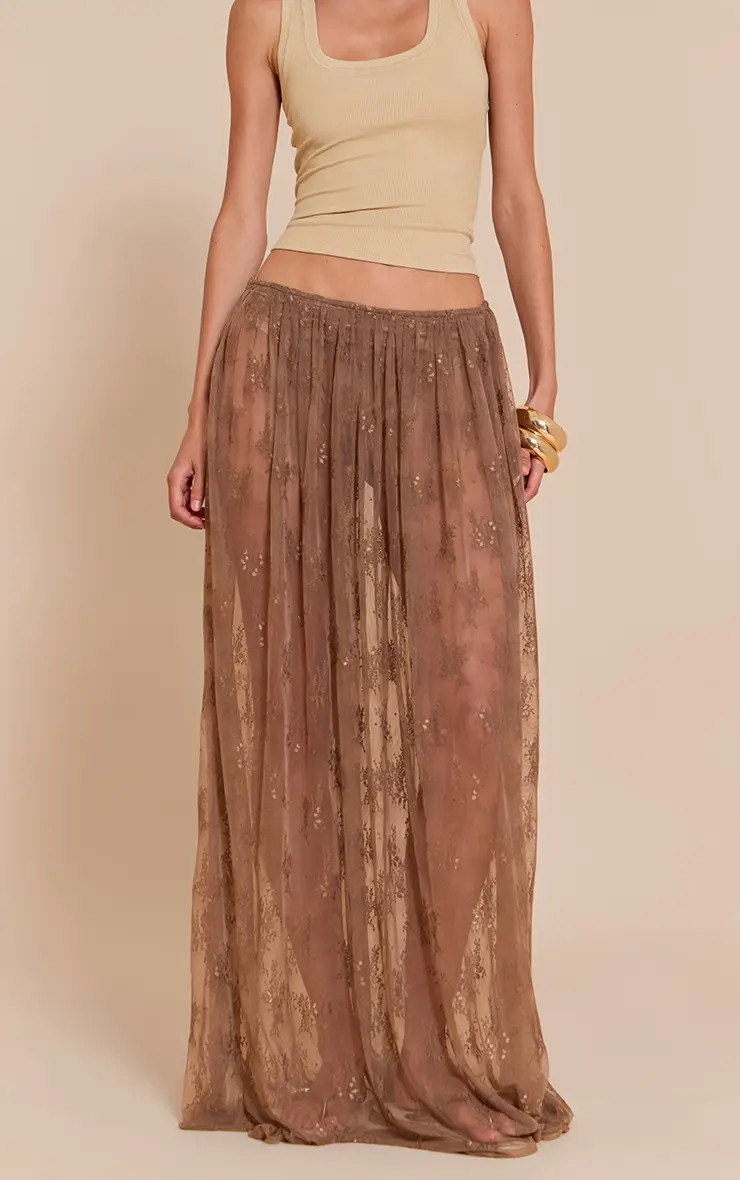Mocha Sheer Lace Maxi Skirt | PrettyLittleThing US