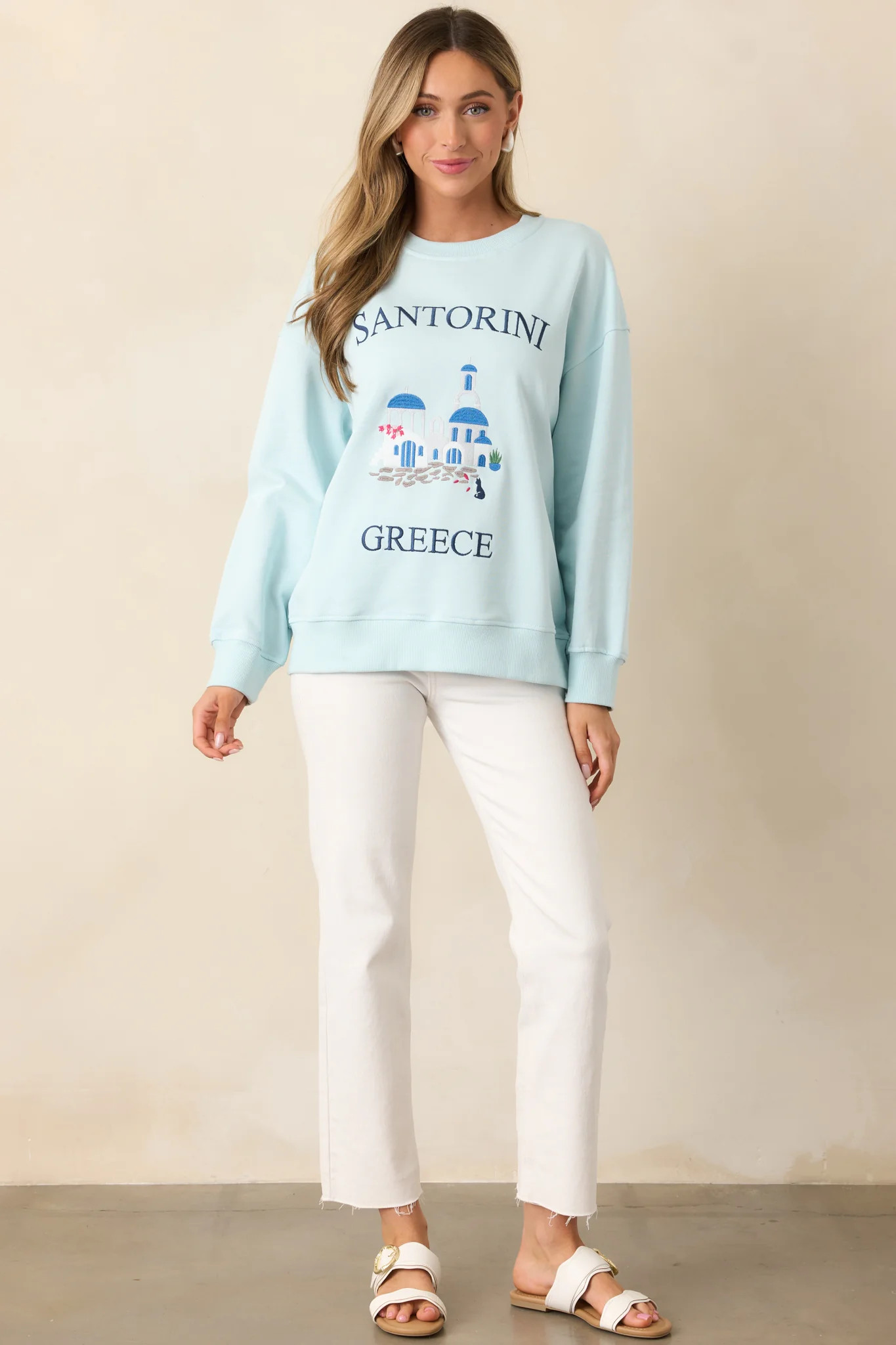 Santorini Dreaming Light Blue Crew Neck Sweatshirt | Red Dress