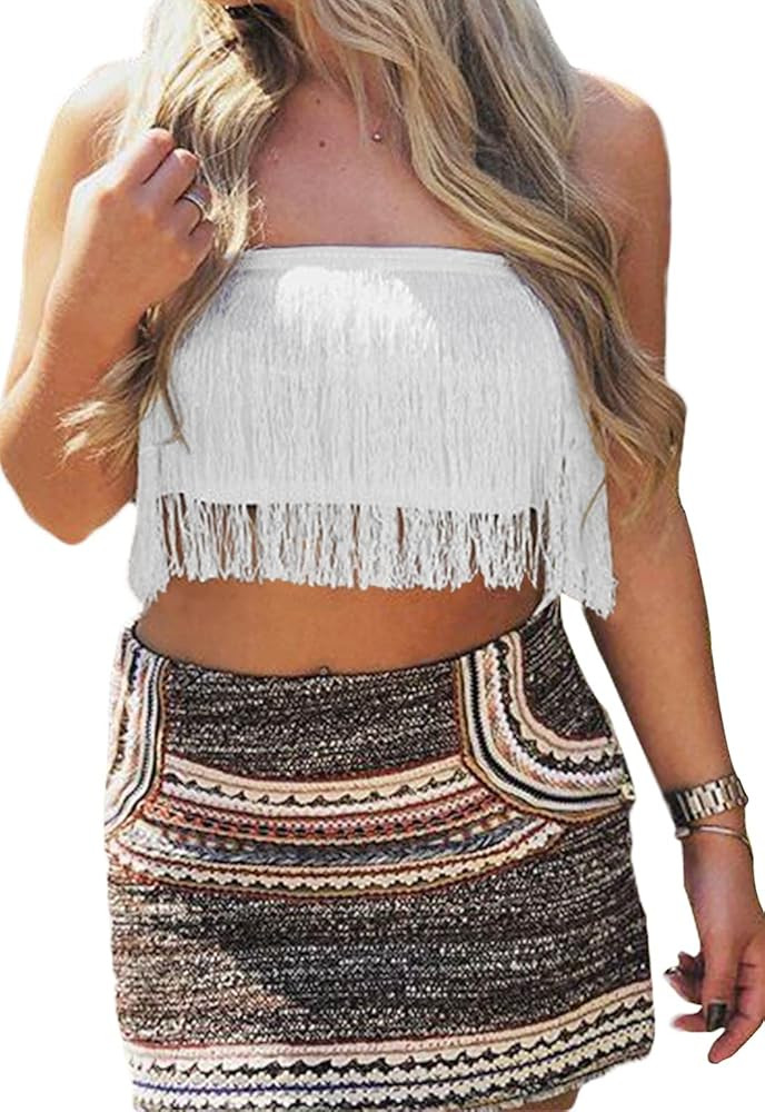 DALLNS Women Corset Cropped Fringe Tank Top Indie Summer Going Out Shirts Stripper Outfits | Amazon (US)