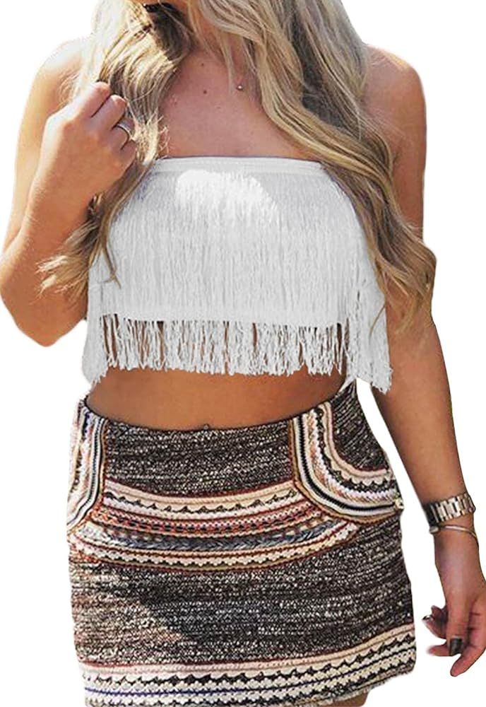 DALLNS Women Corset Cropped Fringe Tank Top Indie Summer Going Out Shirts Stripper Outfits | Amazon (US)