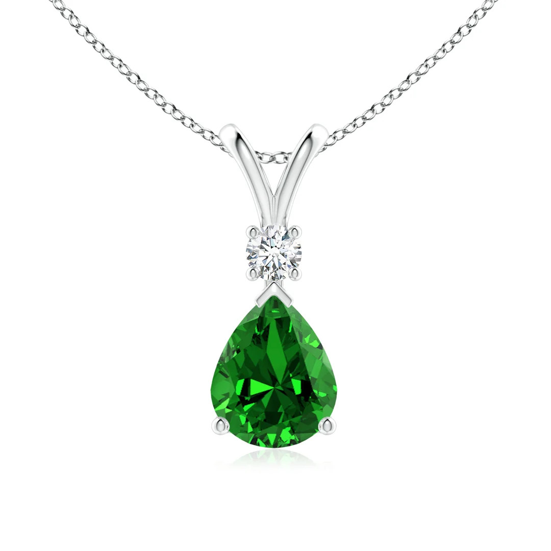 Prong-Set Lab-Grown Emerald Teardrop V-Bale Pendant with Diamond | Angara Inc.