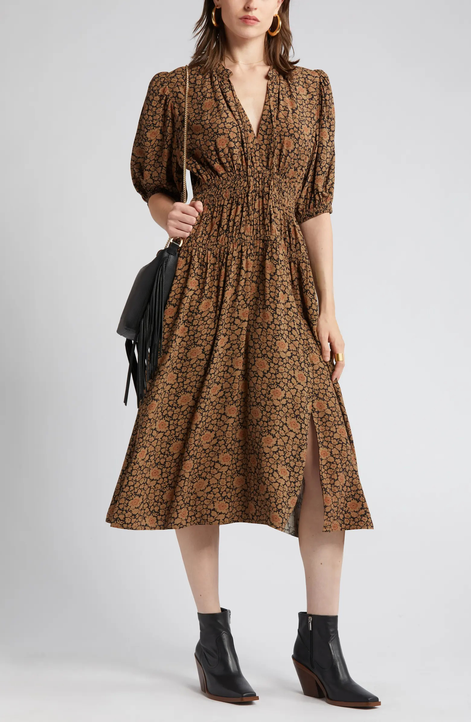 Treasure & Bond Split Neck Smock Waist Dress | Nordstrom | Nordstrom