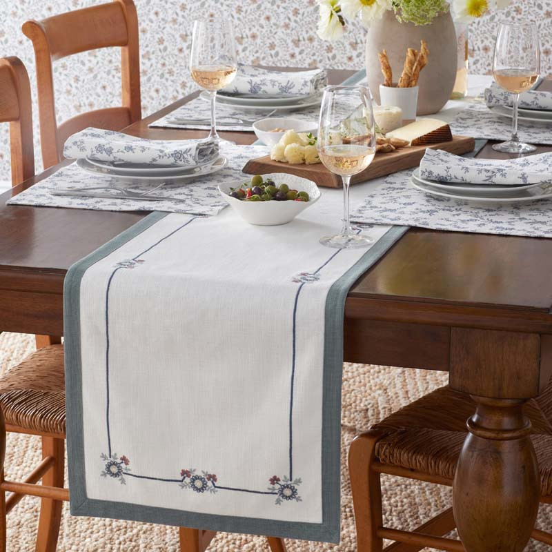 Floral Table Runner - Floral Border, 16 in. x 90 in. - Blue/Ivory, Size 16 x 90, Cotton | The Company Store | The Company Store
