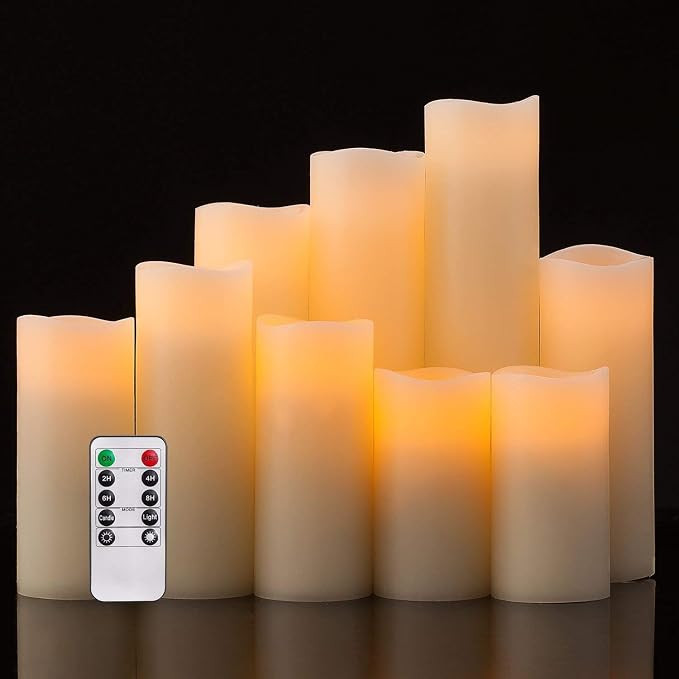 DREA Flameless Candles, Led Candles Set of 9(H 4" 5" 6" 7" 8" 9" xD 2.2") Ivory Real Wax Battery ... | Amazon (US)