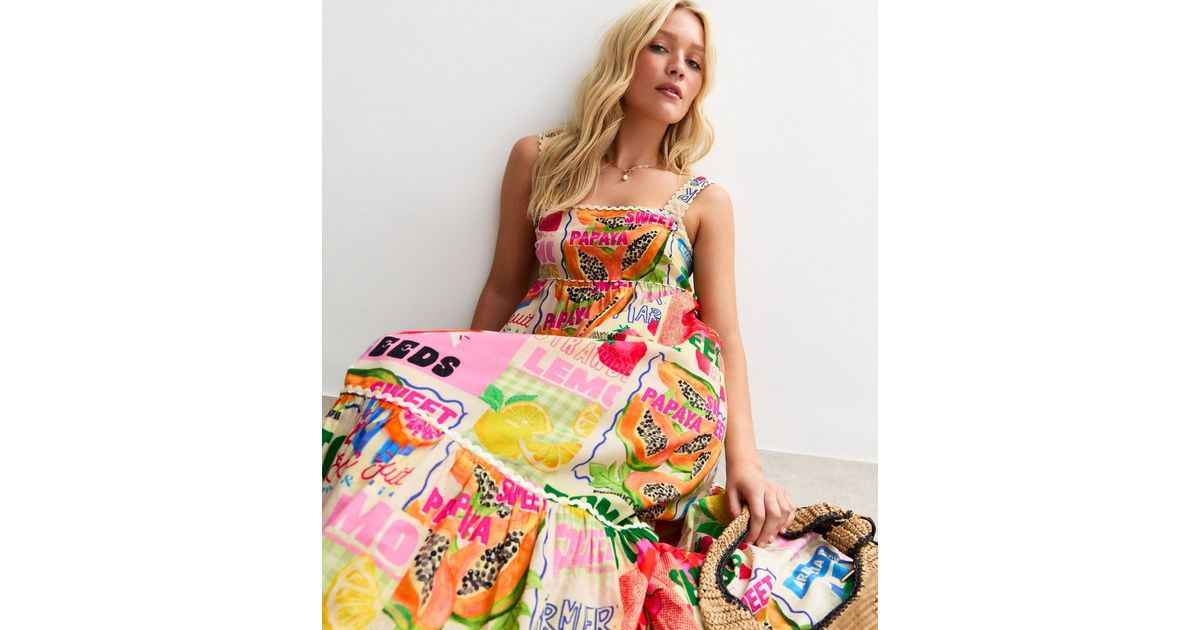 White Fruit Print Scalloped Strap Midi Dress | New Look | New Look (UK)