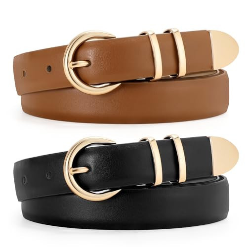 JASGOOD 2 Pack Women's Leather Belts with Gold Buckle Fashion Leather Waist Belt Elegant Ladies Belts for Jeans Dress,Black+Light Brown | Amazon (US)