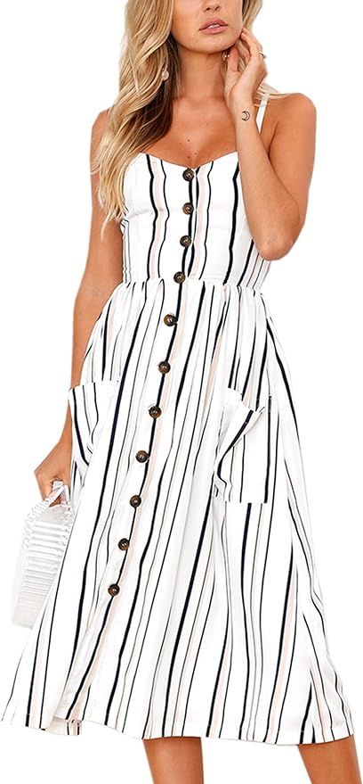 Angashion Women's Dresses-Summer Floral Bohemian Adjustable Spaghetti Strap Button Down Swing Mid... | Amazon (US)