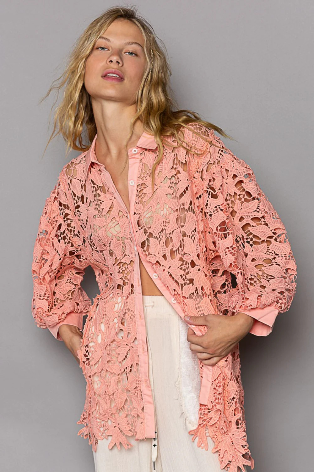 Trendsi POL Collared Neck Button Up Lace Shirt | Shop name | Peach Coral / S | Casual Chic Boutique