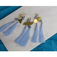 Surya asymmetric light blue tassel golden earrings, shiny brass silk fringe earrings, tassel boho ea | Etsy (US)