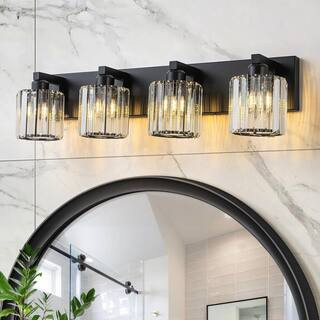 Orillia 28 in. 4-Light Vanity Light with Cylinder Crystal Shade Black Modern Wall Mount Sconce for Bathroom Powder Room | The Home Depot