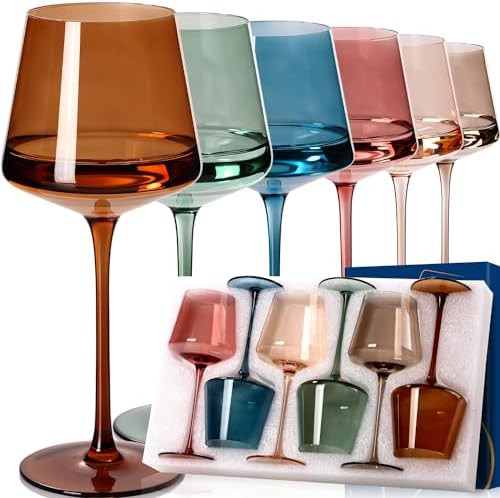 Colored Wine Glasses Set of 6-18oz【Hand Blown】Crystal Colorful Wine Glasses with Stem-Muticol... | Amazon (US)