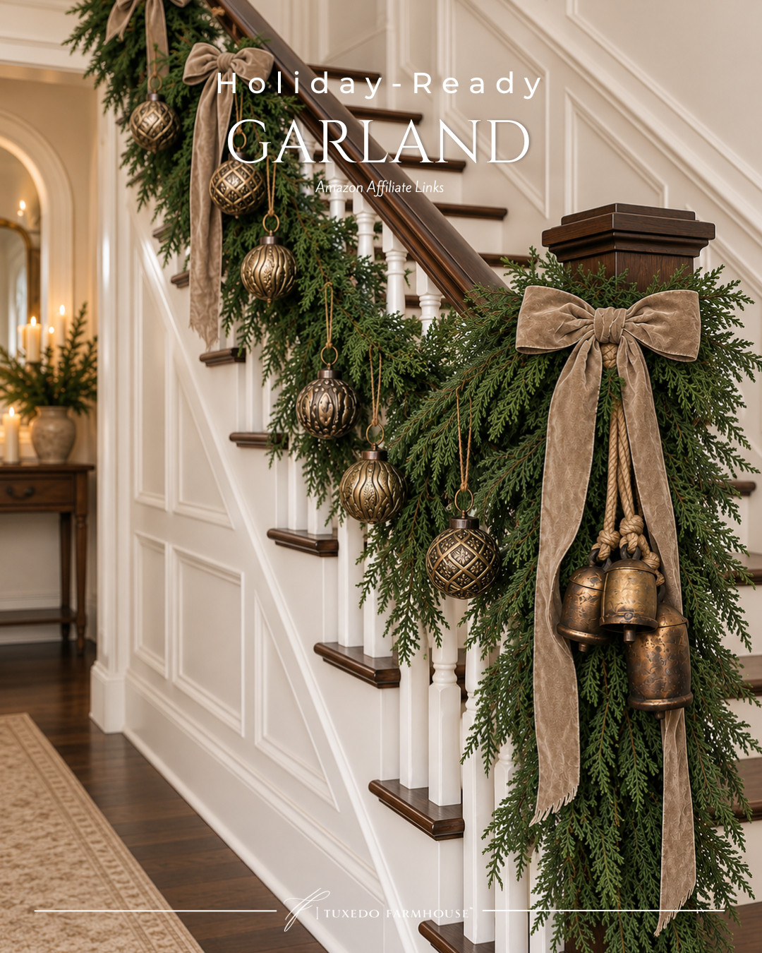 Holiday-ready garland that makes the staircase feel instantly festive! 🌲 I love the mix of lush greenery, vintage-inspired ornaments, velvet bows, and rustic brass bells—classic Christmas details with a warm, collected look. These Amazon finds make it easy to dress up your banister for the season. ✨#LTKStyleTip #ChristmasDecor #HolidayDecor #ChristmasGarland #AmazonHome #HolidayHome

#LTKHome #LTKSeasonal #LTKSeasonal #LTKHome #LTKSaleAlert