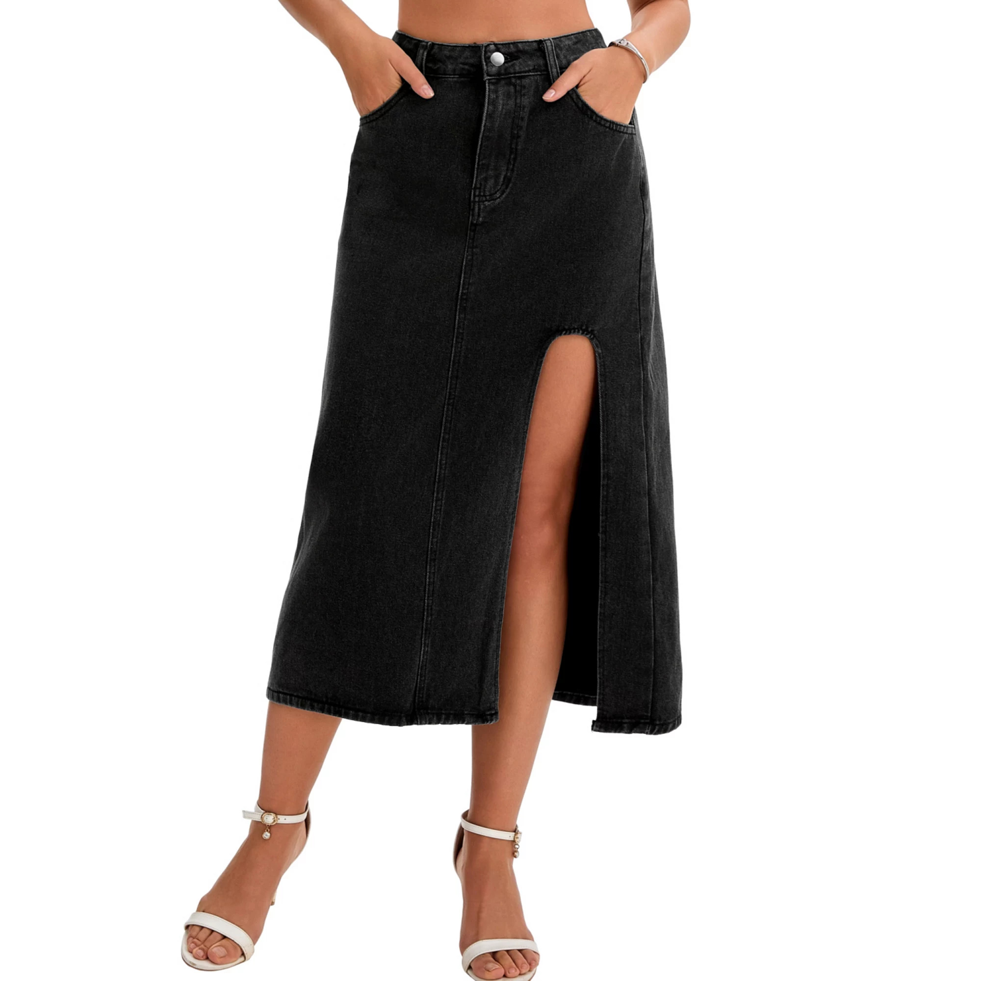 Women's Jean Skirts Slit High Waist A-Line Thigh Split Midi Denim Skirt | Kohl's