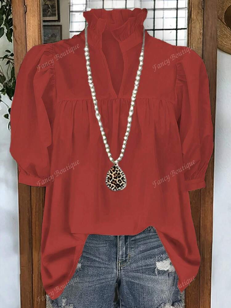 Spring/Summer 2025 Autumn Fashionable New Blouse, French Style Women's Shirt, Puff Sleeve, Back To School, American Shirt, Stylish, Teacher, 70s, Commuter, Minimalist, Office Wear, Retro, Simple, French, Spring/Summer Tops Old Money Style, Teacher Shirt, Women's Casual Short Sleeve Solid Color Shirt, Suitable For Outerwear | SHEIN