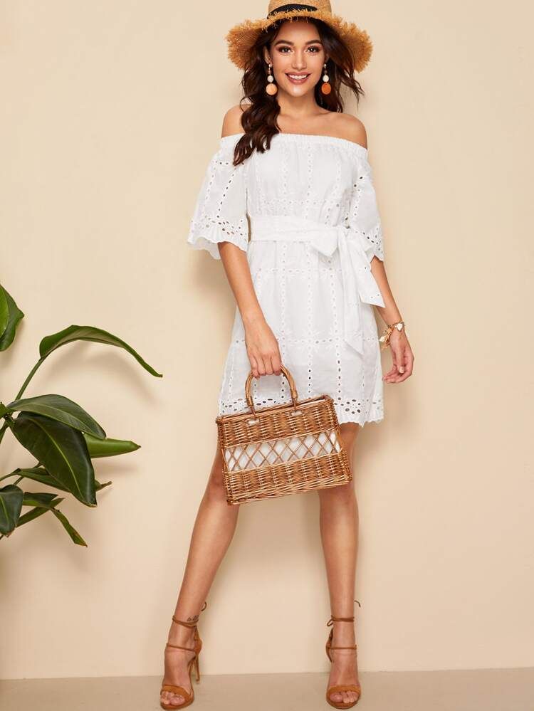 Off Shoulder Belted Schiffy Dress | SHEIN