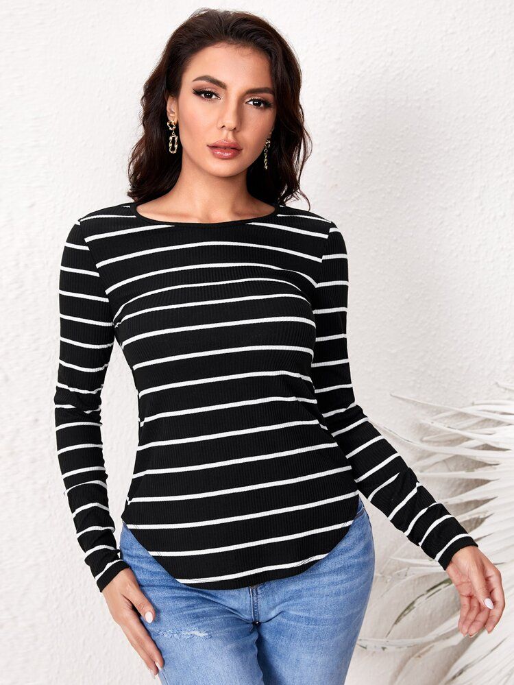 SHEIN Rib Knit Curved Hem Striped T-shirt | SHEIN