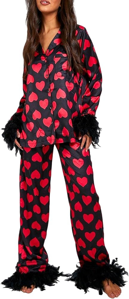 Women Silky Valentines Pajamas Feather Heart Print Satin Pj Set Long Sleeve Shirt Pants Fur Trim ... | Amazon (US)