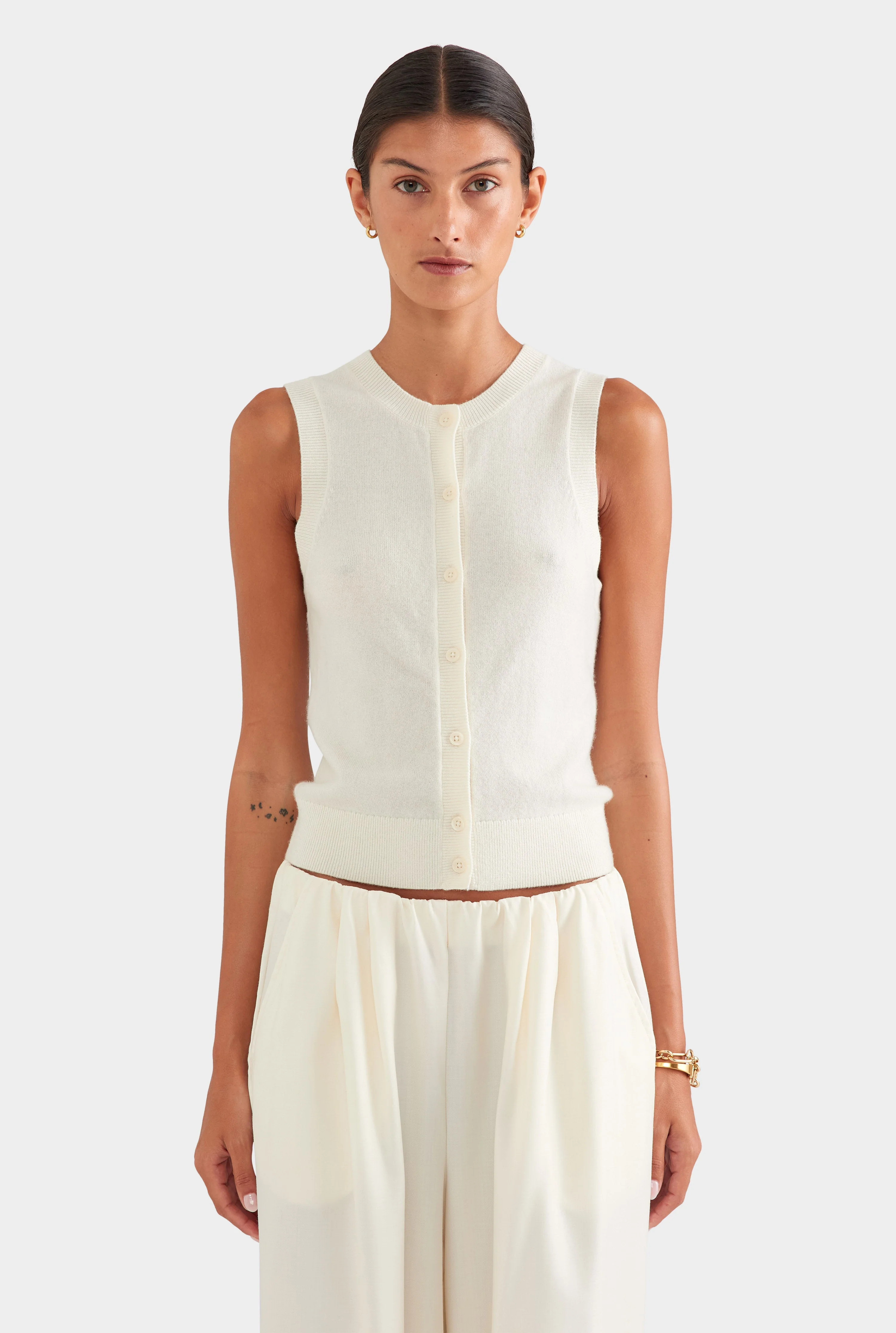Womens Cashmere Button Through Tank Off White | Venroy | Venroy AU