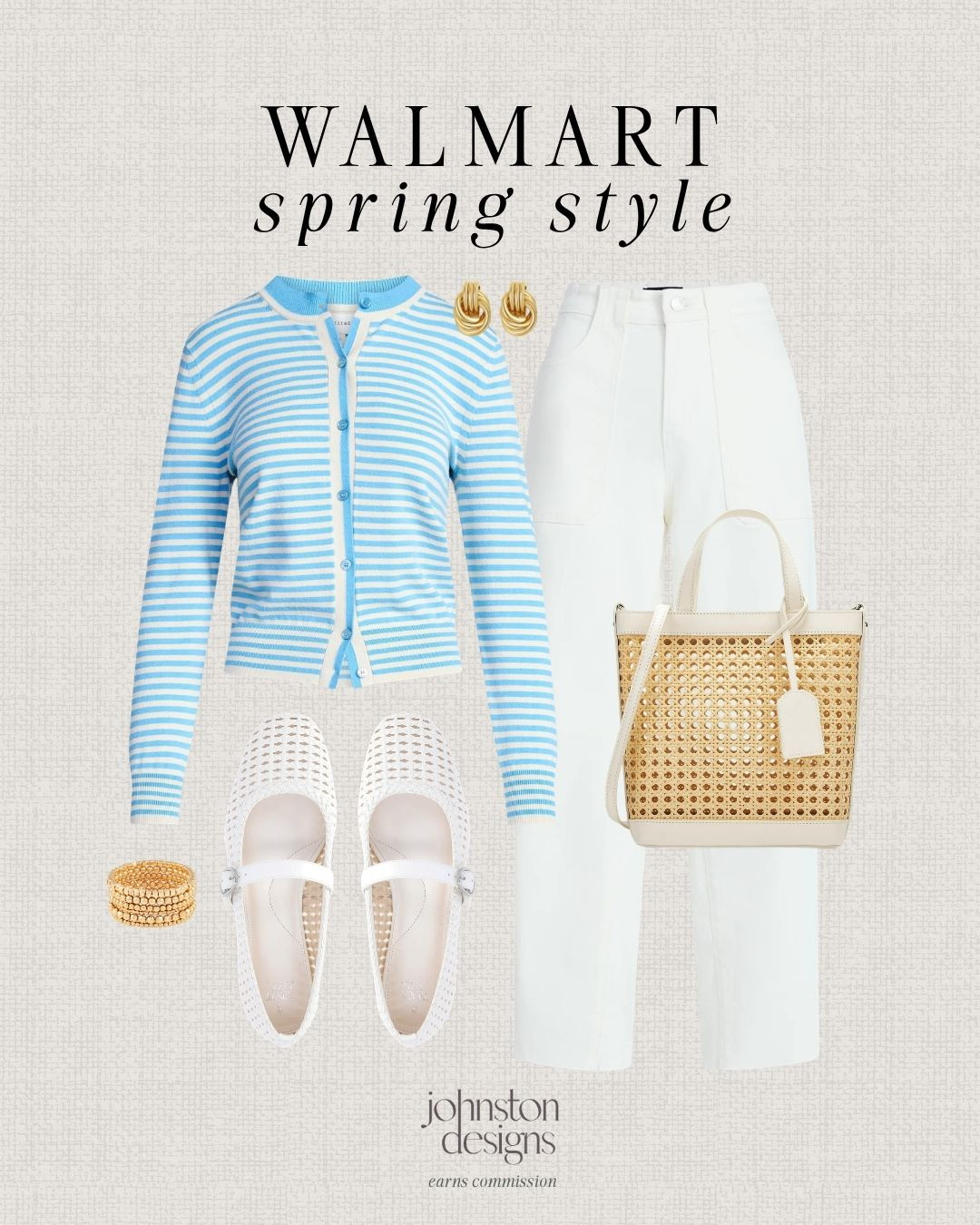 Walmart spring outfit featuring a blue striped cardigan, white trousers, woven flats and a rattan tote for a fresh coastal everyday look. ✨

walmart fashion, spring outfit, striped cardigan, coastal style, neutral outfit, everyday outfit, casual chic, woven flats, rattan bag, preppy style, spring style outfit 

 #LTKootd #LTKSeasonal