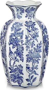 Blue and White Vase Vintage Blue Ceramic Vase for Home Decor 9.6 Inch Decorative Porcelain Floral... | Amazon (US)