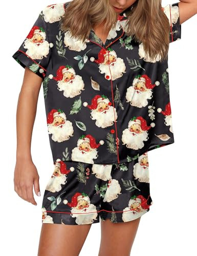 SHESHOW Christmas Pajamas for Women Santa Print Satin Short Sleeve 2 Piece Sleepwear Sets Black M | Amazon (US)