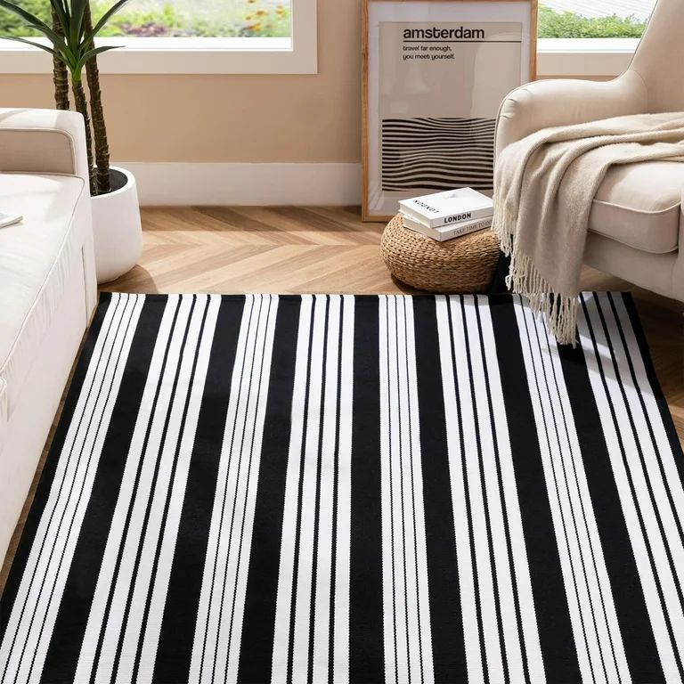 Black and White Outdoor Rug 4 x 6 ft Cotton Hand-Woven Striped Front Porch Rug, Machine Washable ... | Walmart (US)
