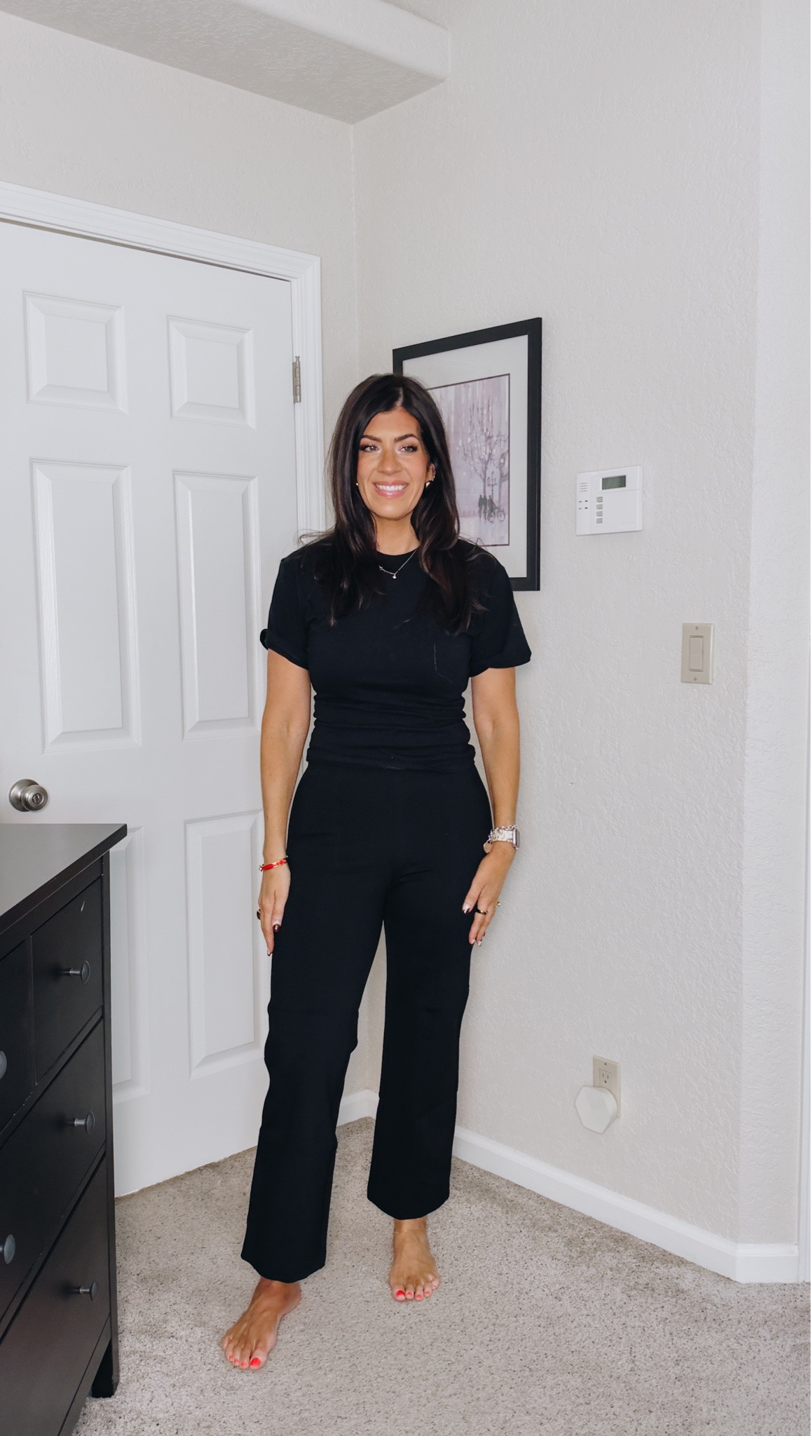 Gap banana try in
Medium tee
Medium ponte knit pants (need a tall)