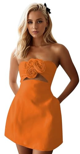 Monvelli Women's Orange 3D Flowers Homecoming Dresses 2026 for Teens Floral Satin Short Prom Ball Gowns with Pockets Size 16 | Amazon (US)