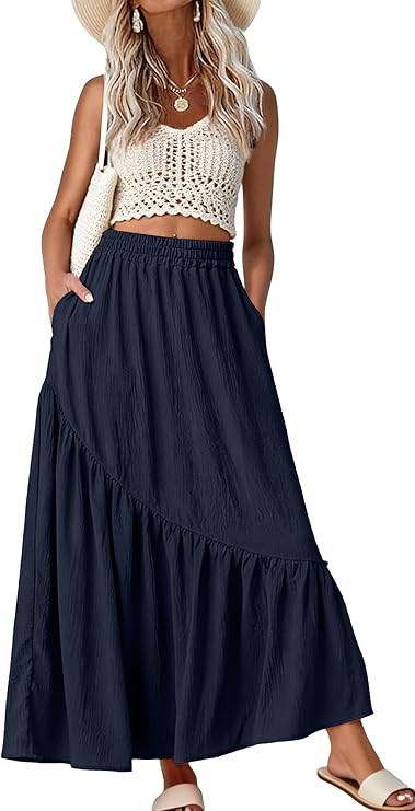 GRECERELLE Women's Maxi Skirt Summer Flowy High Waist Pleated Tiered A-Line Boho Casual Long Skir... | Amazon (US)