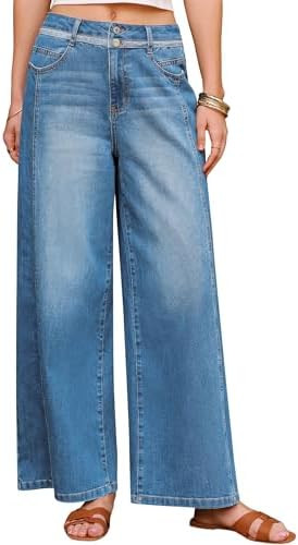 Arach&Cloz Women's Cotton Contrast Waistband Wide Leg Stretchy Denim Jeans 2026 | Amazon (US)