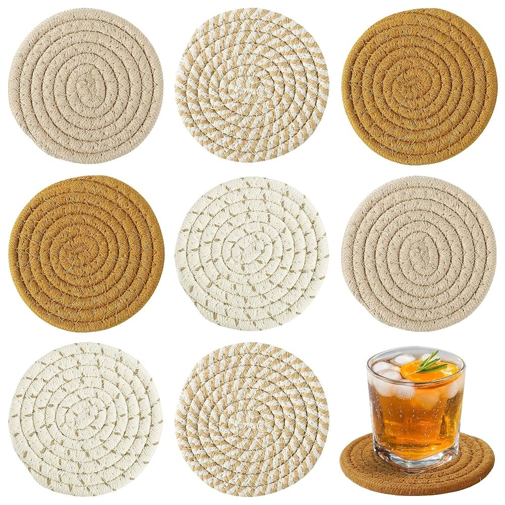 Handmade Woven Drink Coasters, 8 Pcs BOHO Coasters for Home Decor, Absorbent Farmhouse Cotton Tab... | Amazon (US)