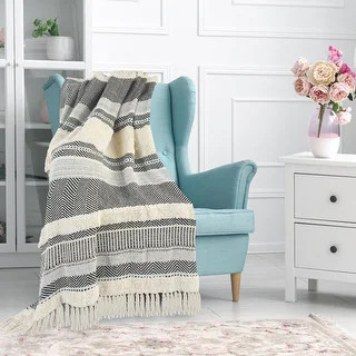 Coastal Striped Throw Blanket with Fringe (50" x 60" - Navy/Blue/Cream) | Bed Bath & Beyond