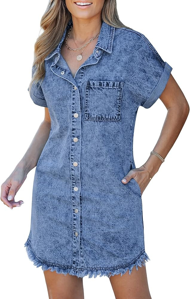 luvamia Denim Dress for Women Button Down Short Sleeves Casual Summer Jean Shirt Dresses with Poc... | Amazon (US)