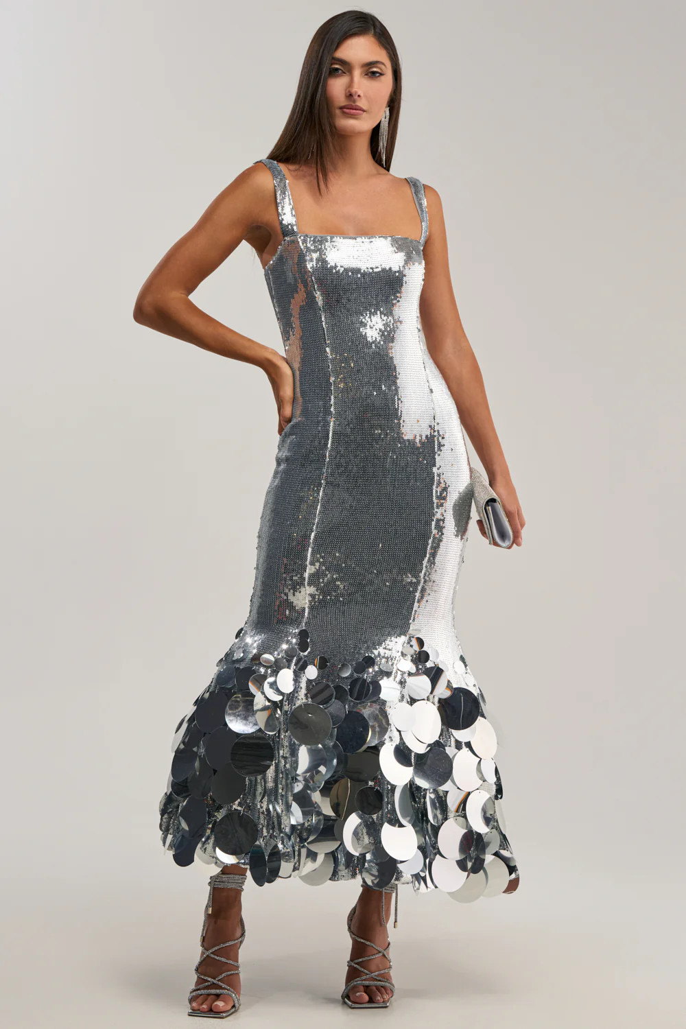 LIFE OF THE PARTY SEQUIN MIDI DRESS IN SILVER | AKIRA