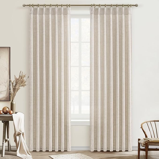 Pinch Pleat Semi Sheer Curtains 84 Inches Long for Bedroom,Elegant Natural Beige Faux Linen Light... | Amazon (US)