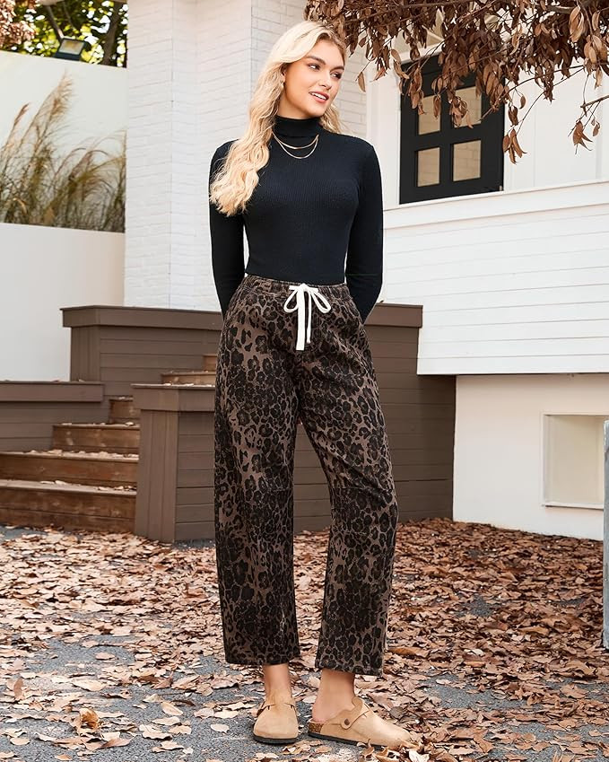 GRAPENT Barrel Jeans for Women Trendy High Waisted Pull On Wide Leg Cropped Leopard Cheetah Print... | Amazon (US)