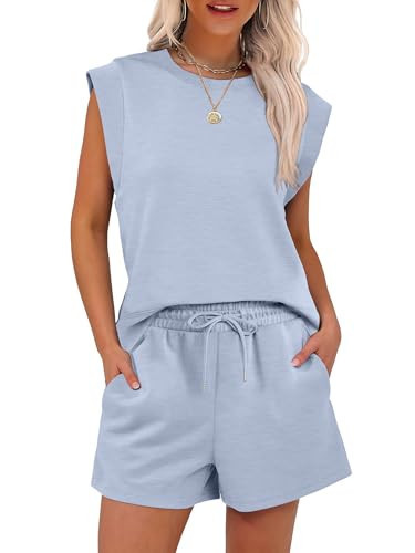 ANRABESS Two Piece Sets for Women 2026 Summer Short Lounge Set Casual Beach Vacation Outfits Spring Sweatsuits Tracksuit Light Blue Medium | Amazon (US)
