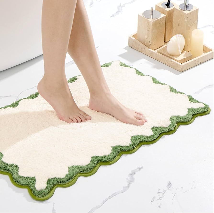 ORTIGIA Scalloped Green Bath Mat Non Slip Washable for Bathroom, Quick Dry Absorbent Plush Microf... | Amazon (US)