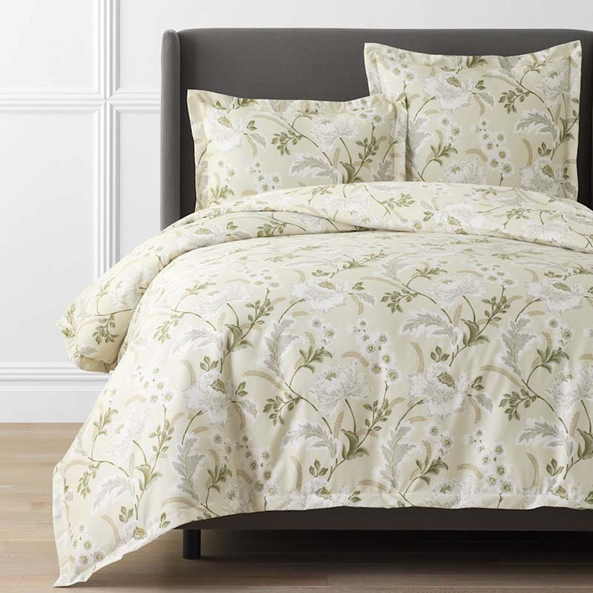Tranquil Blosson Premium Smooth Wrinkle-Free Sateen Duvet Cover - Antique Beige, Full/Queen - Beige/Green/Ivory | The Company Store | The Company Store
