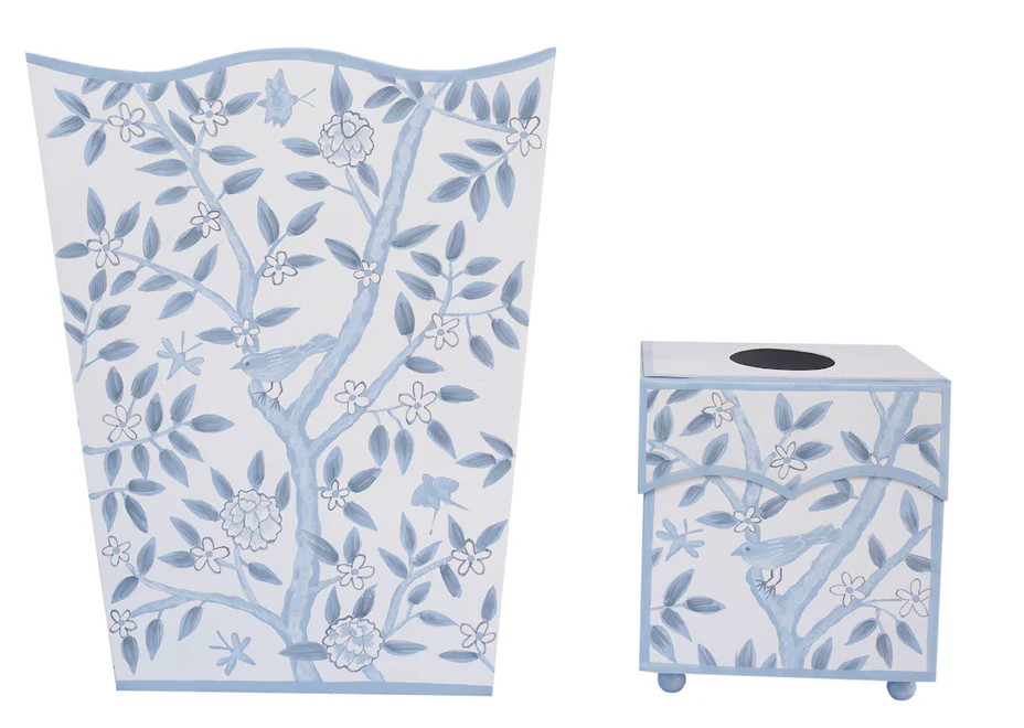 White & Blue Bird & Vine Wastebasket & Tissue Holder - Set of 2 | The Well Appointed House, LLC