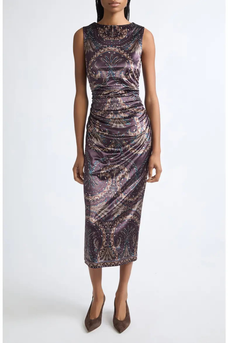 Veronica Beard Charissa Ruched Sleeveless Dress in Dark Eggplant Multi at Nordstrom, Size Large | Nordstrom