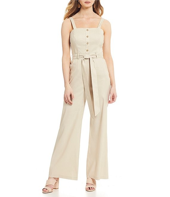 Virginia Button Front Tie Waist Square Neck Wide Leg Jumpsuit | Dillards Inc.
